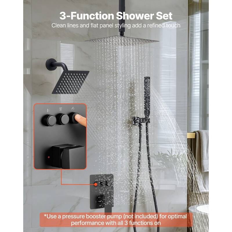 Matte Black 3-Function Rainfall Shower System with Handheld Side and Overhead Shower