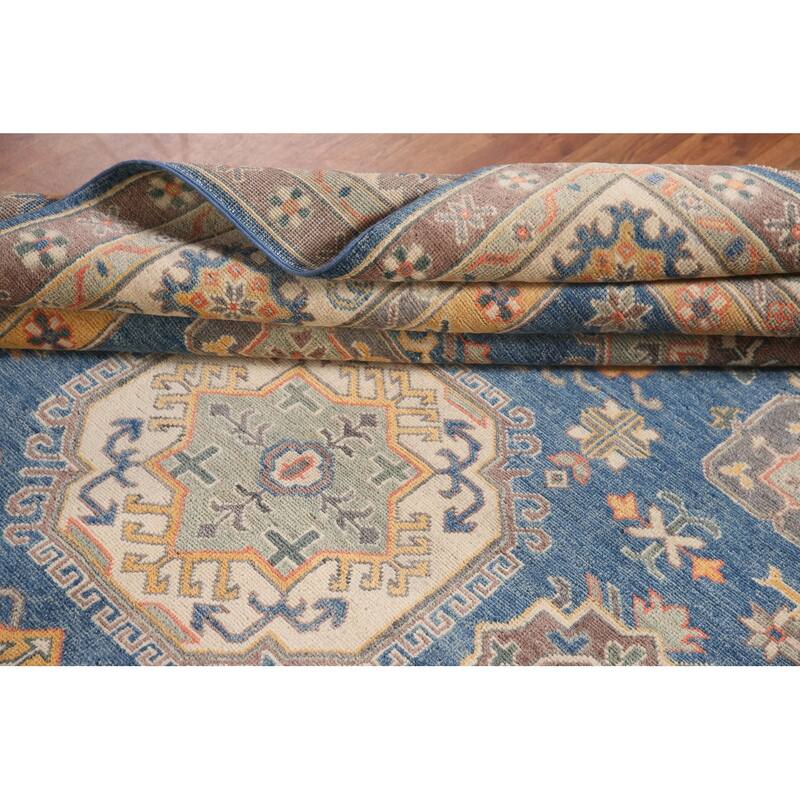 Geometric Blue Kazak Living Room Area Rug Hand-Knotted Wool Carpet - 6'8" x 9'9"