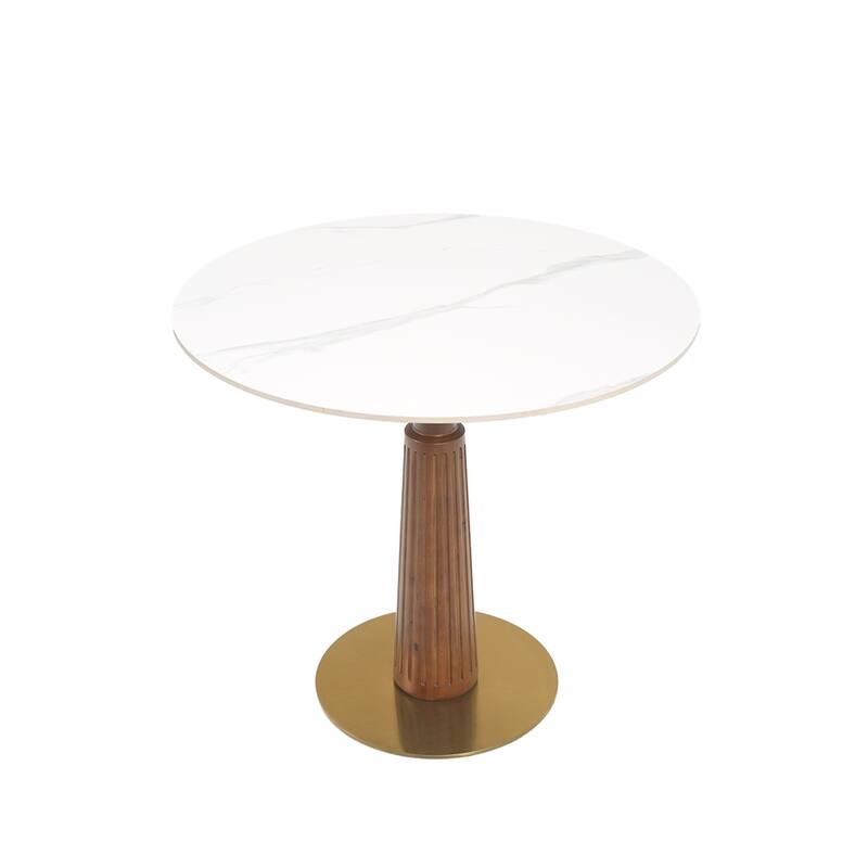 33" Retro Round Side Table, Glass & Sintered Stone Tabletop Dining Table with Solid Wood Pedestal