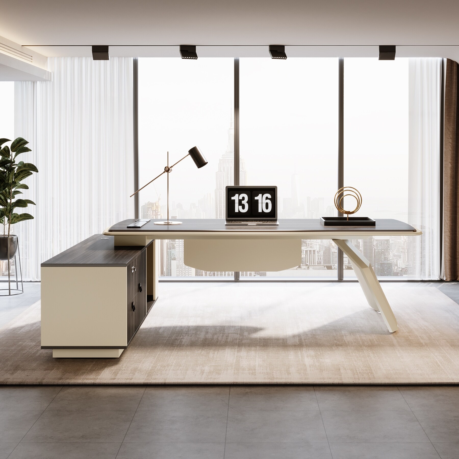 L-Shaped Executive Desk with Cabinet and Shelf Storage for Home Office - White, image size:1800x1800