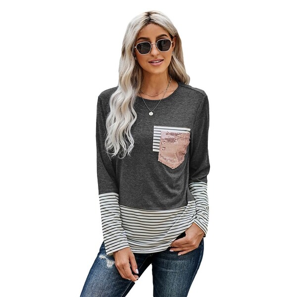 Cali Chic Women's Long Sleeve Shirt Celebrity Stripe Pocket Sequins Splicing O-neck Top. Opens flyout.
