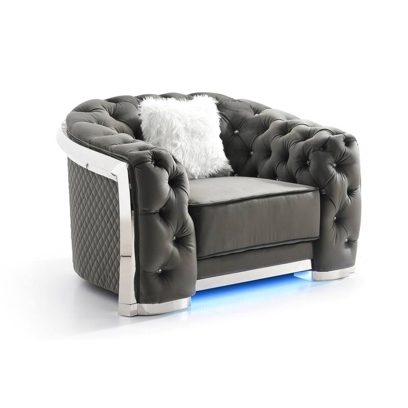 Diamond Quilted Tufted Jeweled Accent Chair with LED Light - 52" - Gray