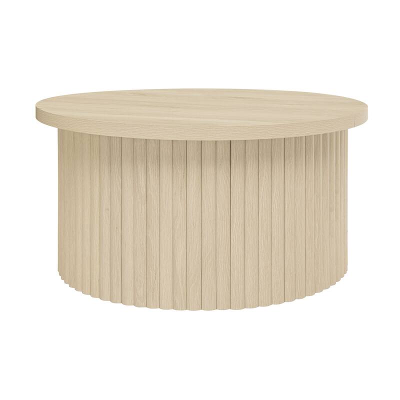 Round Coffee Table with Wood Grain Vertical Stripes, Small Fluted Circle Side Table, Center Table with Adjustable Feet