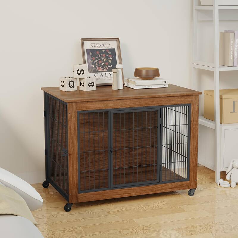 38.6" Dog Crate Furniture with Wheels for Small Dogs, Heavy Duty Dog Kennel Indoor with 2 Doors, Wooden Pet Cage End Table