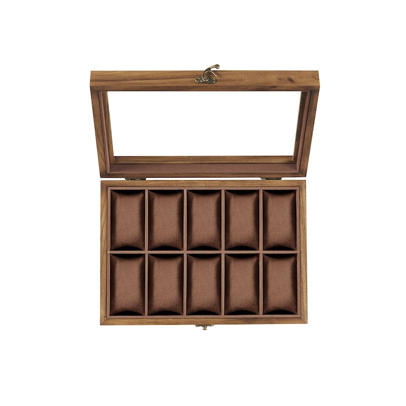 10 Slot Rustic Paulownia Wood Watch Box Case with Glass Top and Velvet Soft Lining for Men's Timepieces - 8.1"D x 11.4"W x 3.3"H - Rustic-Walnut