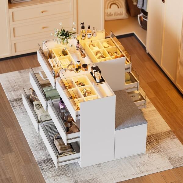 PAKASEPT Armoire Bedroom Island, Wardrobe Closet Island Dresser with Glass Showcase, Charging & 3 Color LED Light