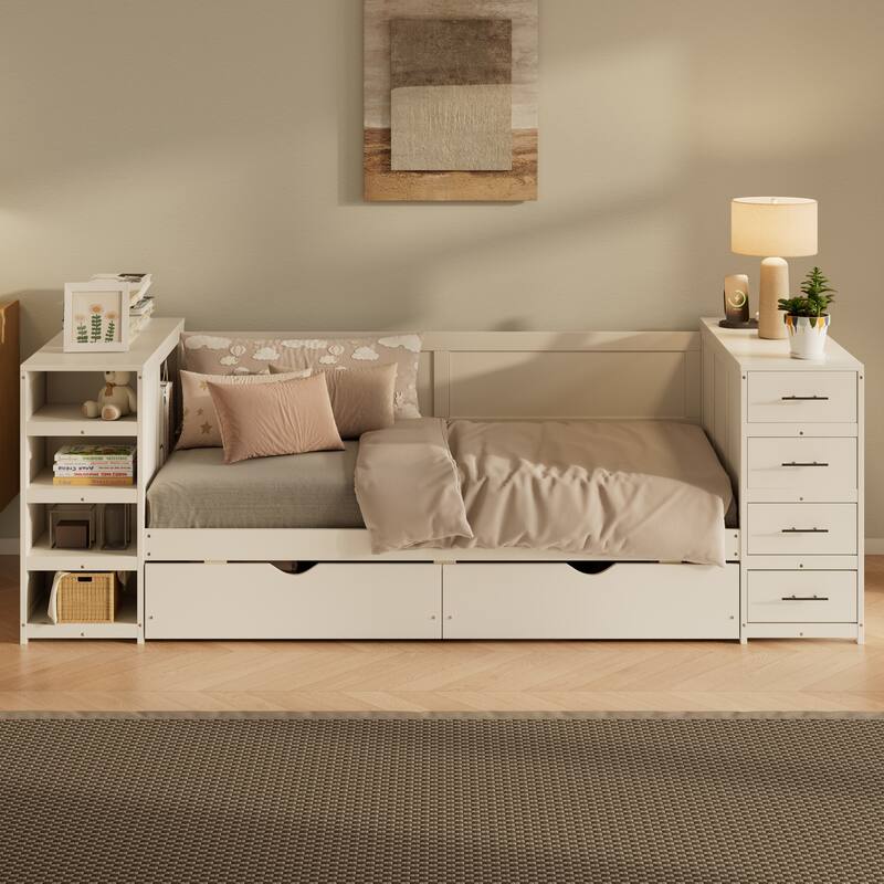 White Twin Size Daybed with Desk and Charging, Space-Saving Wooden Storage Bed Frame with Drawers and Side Shelves