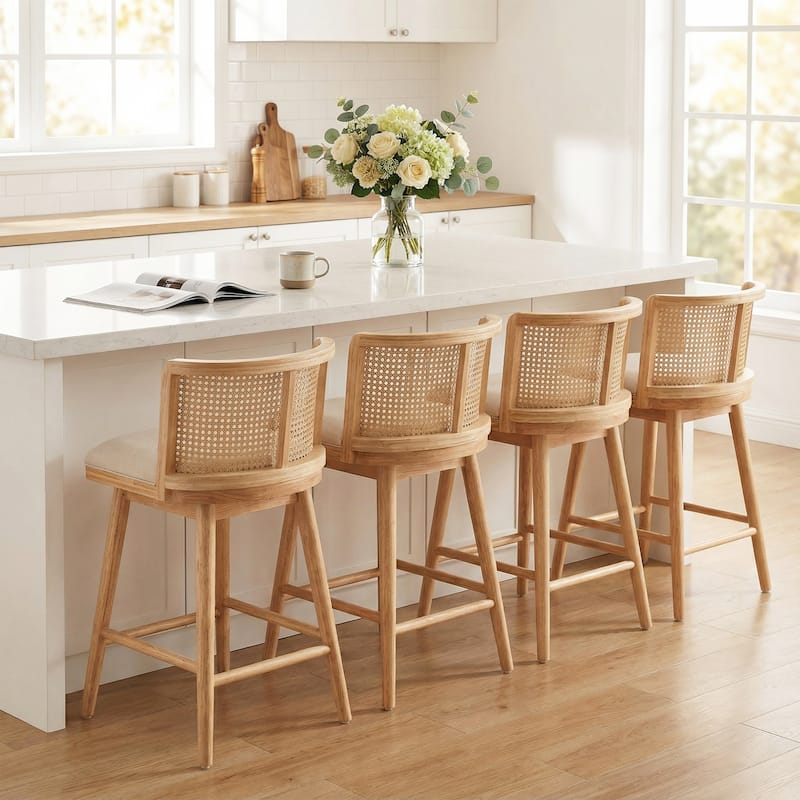 Christopher Knight Home - Talia Scandinavian Upholstered Wooden Counter Stool Set - Bar Chairs with Rattan Backrest - Set of 4 - Natural Wood Finish+Beige
