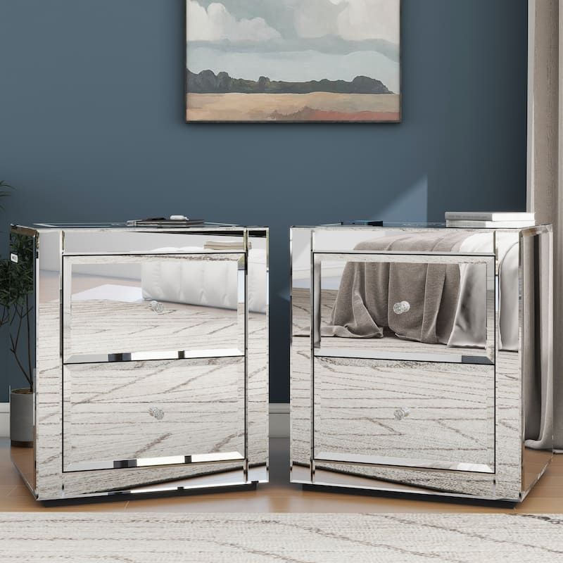 Nightstand Mirror Glass Top with Wireless Charging Station LED Light