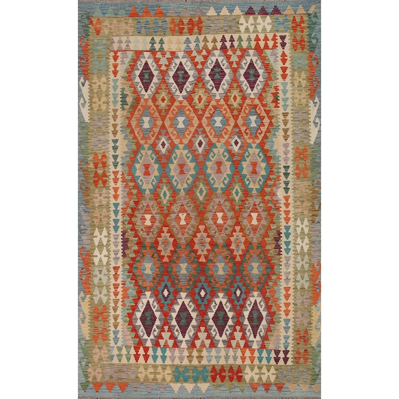 Hand Woven Oriental 100% Wool Carpet Southwestern Geometric Multi-Colored Kilim Area Rug - 9' 8'' X 6' 7''