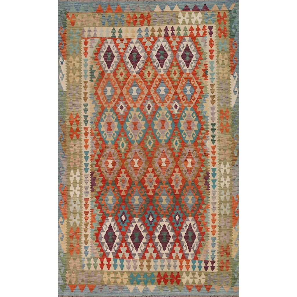 Hand Woven Oriental 100% Wool Carpet Southwestern Geometric Multi-Colored Kilim Area Rug - 9' 8'' X 6' 7''