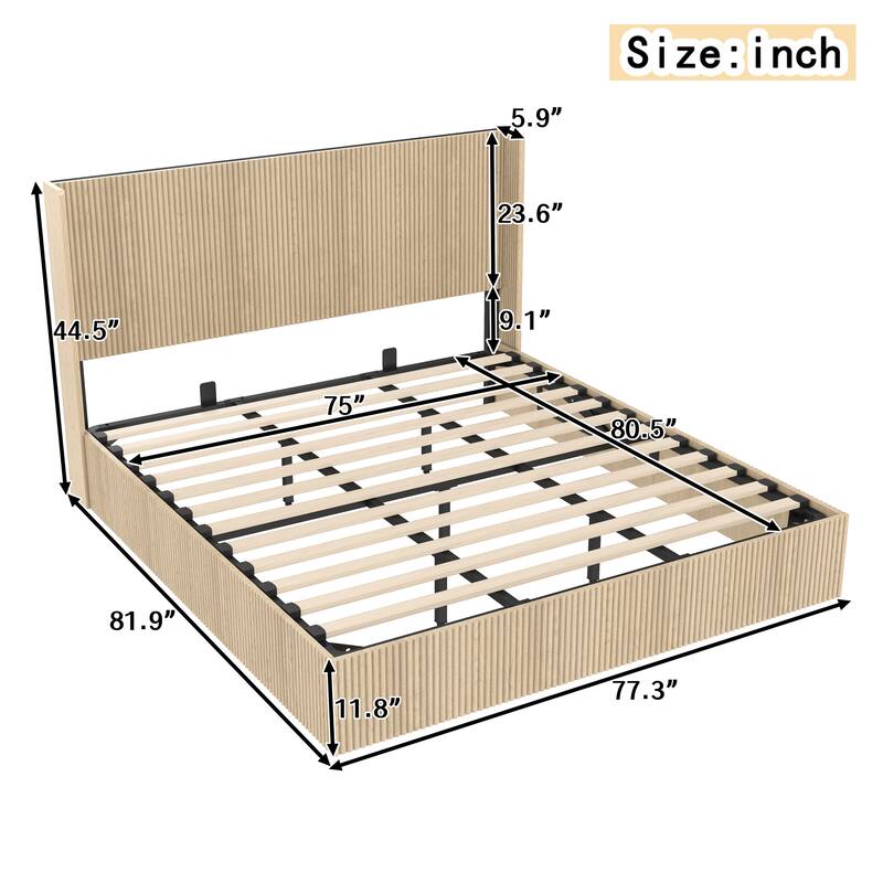 Lift Up Storage Bed Frame Undulating Hydraulic Platform Bed Frame with Wingback Headboard, No Box Spring Needed, Noise Free,Oak