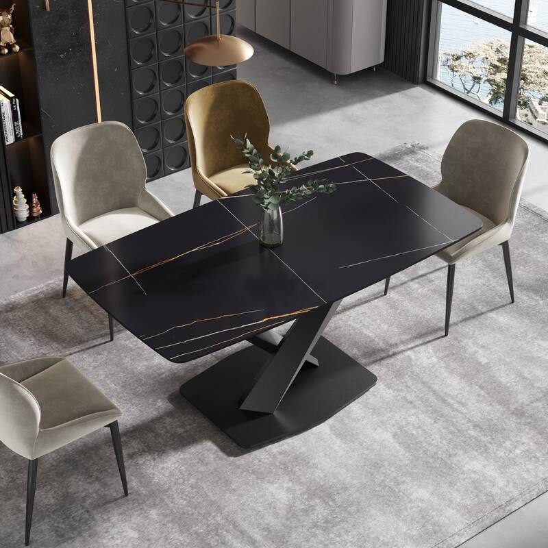 63'' Modern Dining Table，Sintered Stone Tabletop with Black Base - x-cross-2