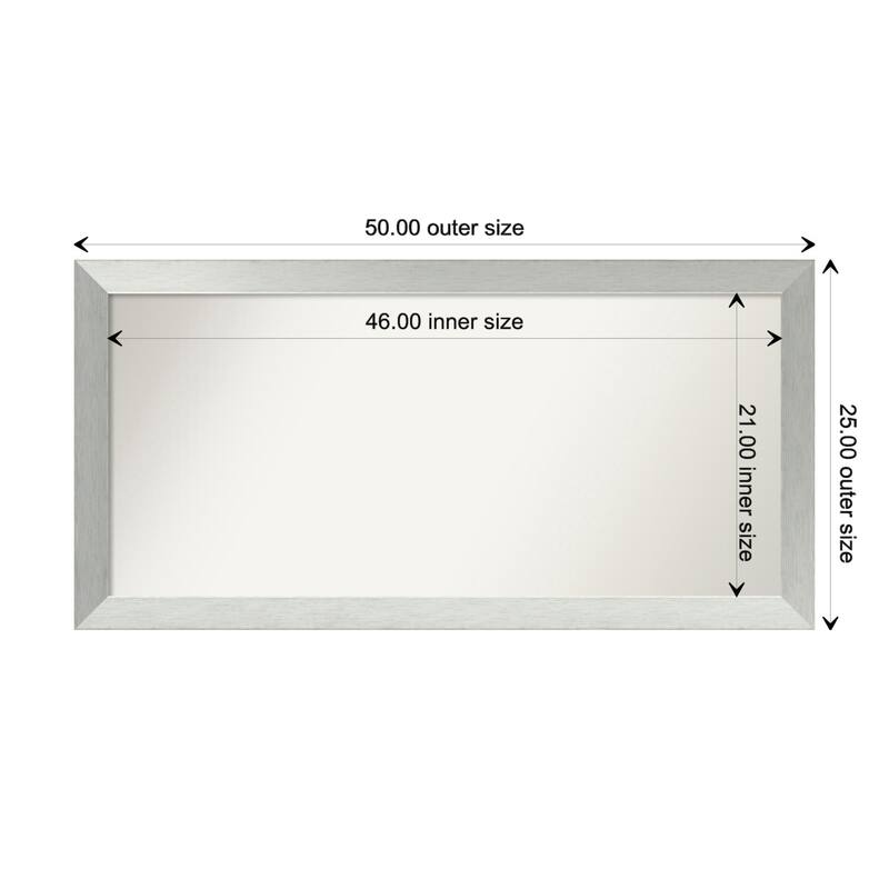 Brushed Sterling Silver Framed Non-Beveled Custom Wall Mirror, Bathroom Vanity Mirror - Outer Size: 50 x 25