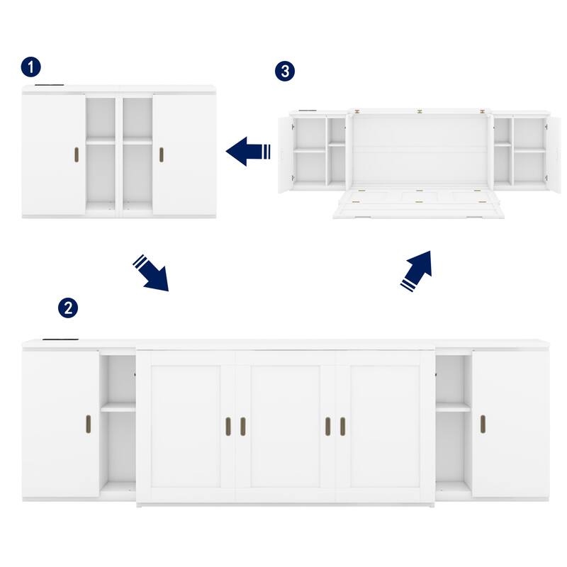 Murphy Bed Chest Storage Cabinets Bed with Shelves & Built-In Charger - White - Queen