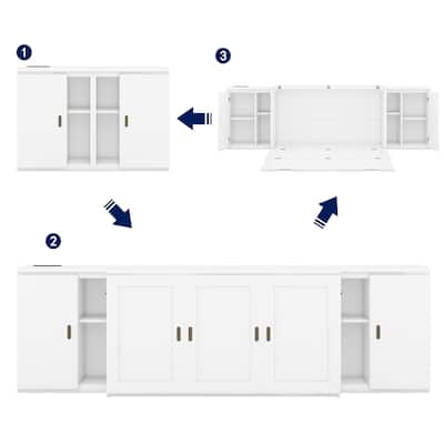 White Foldable Murphy Bed Frame Queen Wall Cabinets Bed with USB Ports