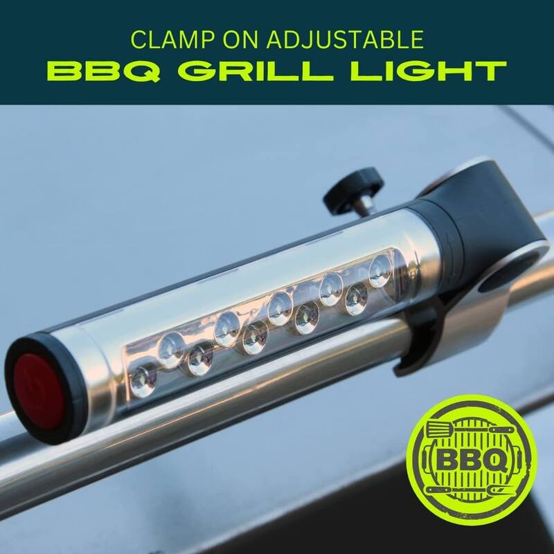 LIGHTACCENTS Barbecue Grill Light, Battery Operated LED BBQ Grill Light, Aluminum Clamp, Adjustable 180 Degrees, 10 LED