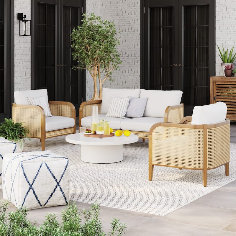 Twila Bohemian Outdoor Upholstered Rattan Patio Seating with Solid Wood Frame