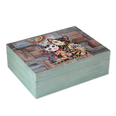NOVICA Handmade Floral Cats Decoupage Wood Decorative Box - 3.4" H x 10.25" W x 7.75" D