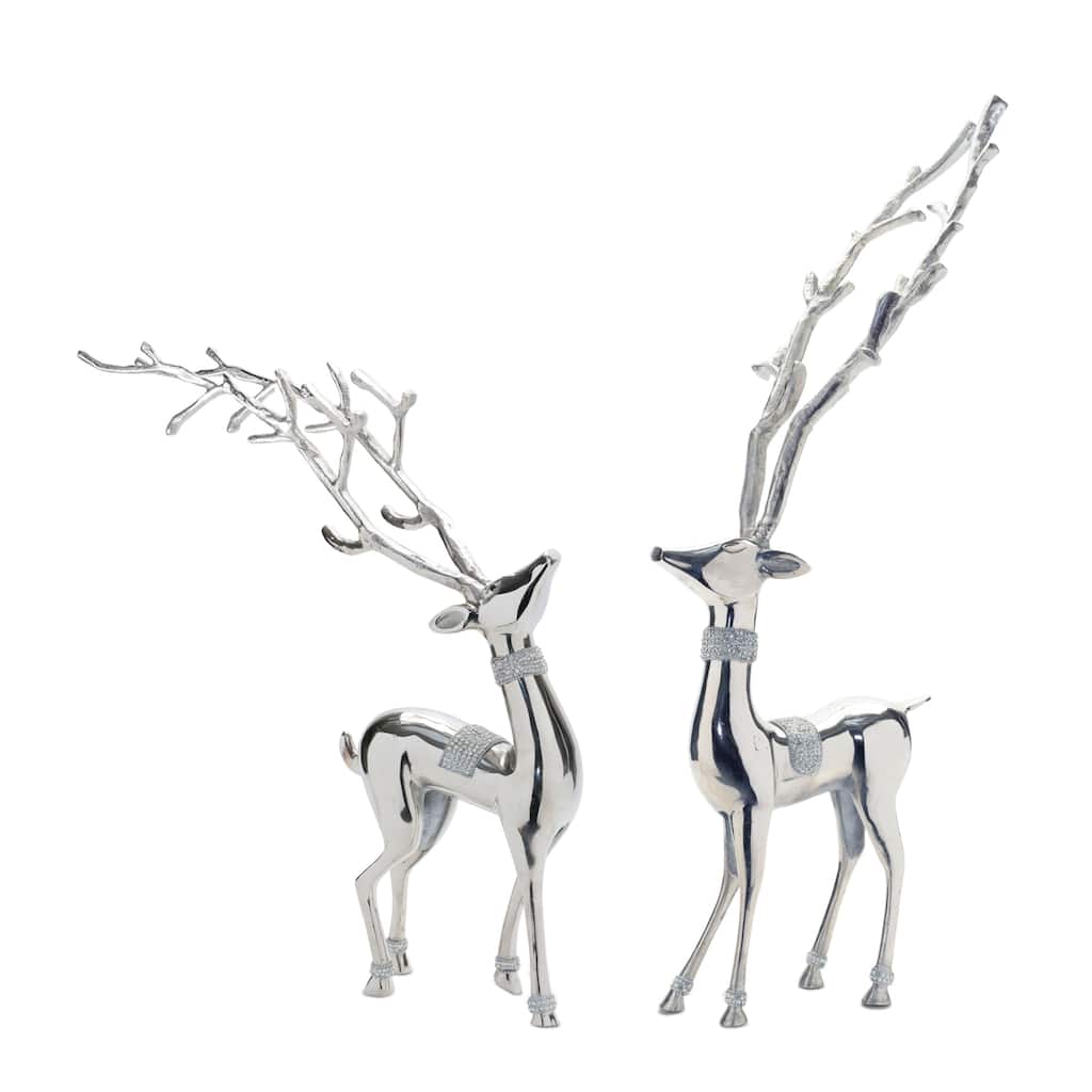 Set of 2 Silver Aluminum Deer Statues with Lacquer Coating for Festive Mantel and Tabletop Decor - 14”L x 10”W x 32.5”H
