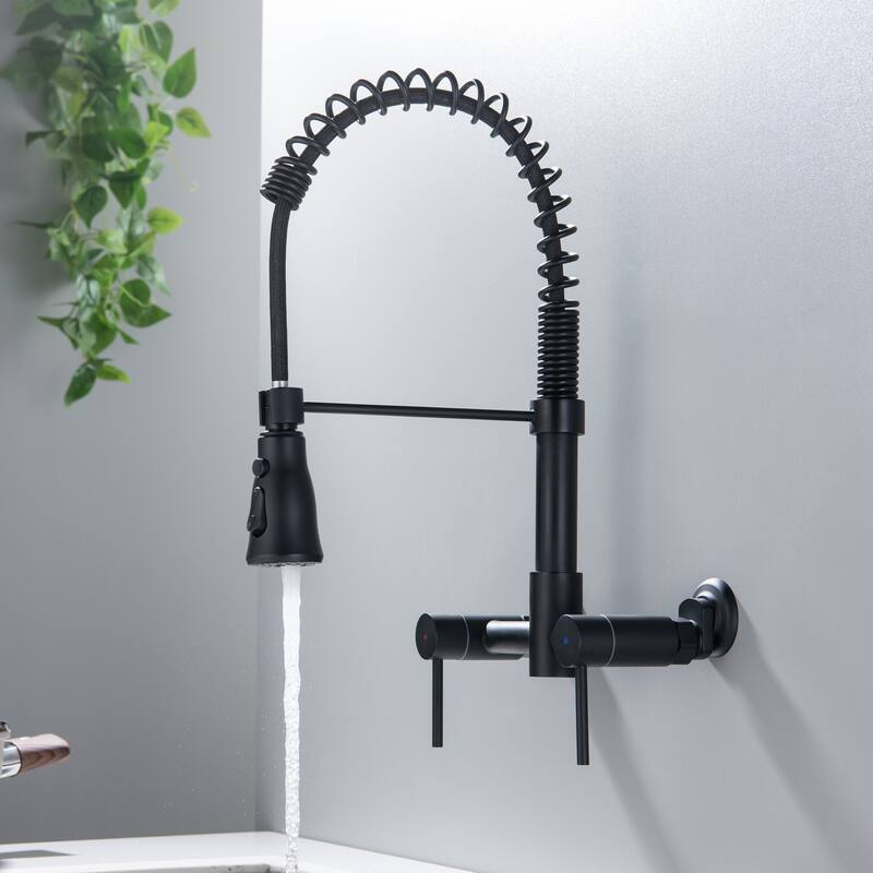 Modland Wall-Mounted Kitchen Faucet with Pull Down Sprayer 3-Function in Brushed Gold/Matte Black
