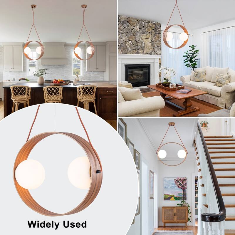 Modern 2-Light Wood Globe Pendant Light for Kitchen Island - Dia.20-in