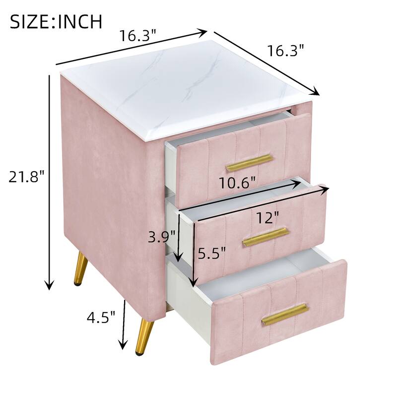 1-Piece Upholstered Velvet Nightstand with 3 Drawers and Metal Legs, Elegant Bed Side End Table with Marbling Top