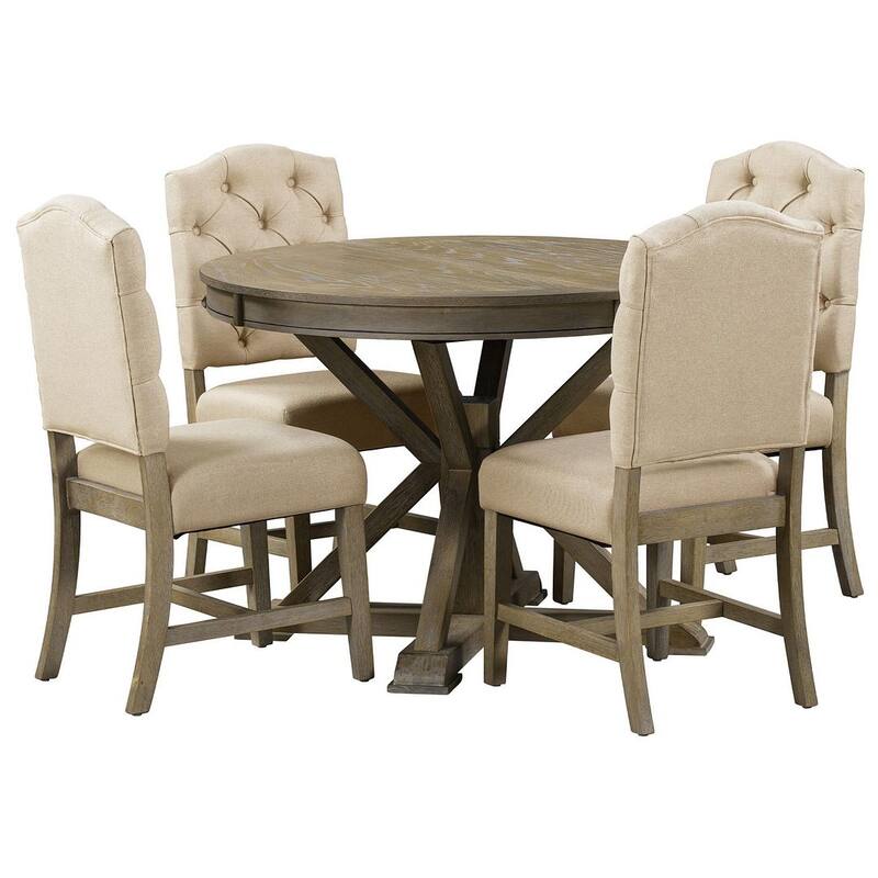Wooden Round Drop Leaf Extendable Dining Table Set with 4 Upholstered Chairs