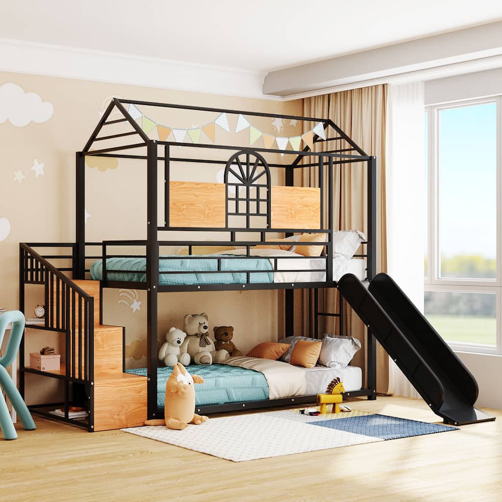 Metal Housebed Twin Over Twin Bunk Bed with Slide & Storage Stair, Full-Length Guardrails & Built-In Ladder