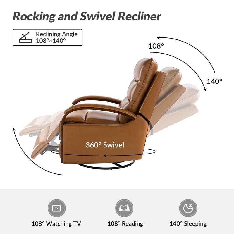 Leopold Genuine Leather Swivel Rocking Manual Recliner Chair with Wooden Arm Accents Set of 2 by HULALA HOME