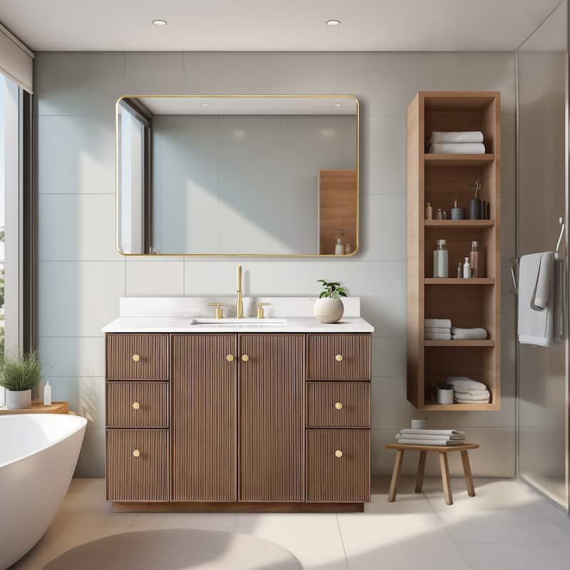 Oza Bath Vanity with Quartz Stone Top and Mirror - 48in. - Dark Brown Oak