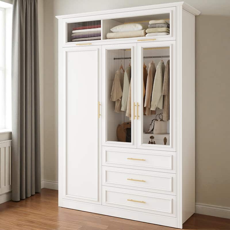 3-Door Wardrobe Armoire Closet with LED Lights and 3 Drawers Pine Wood MDF Clothing Storage Cabinet - White