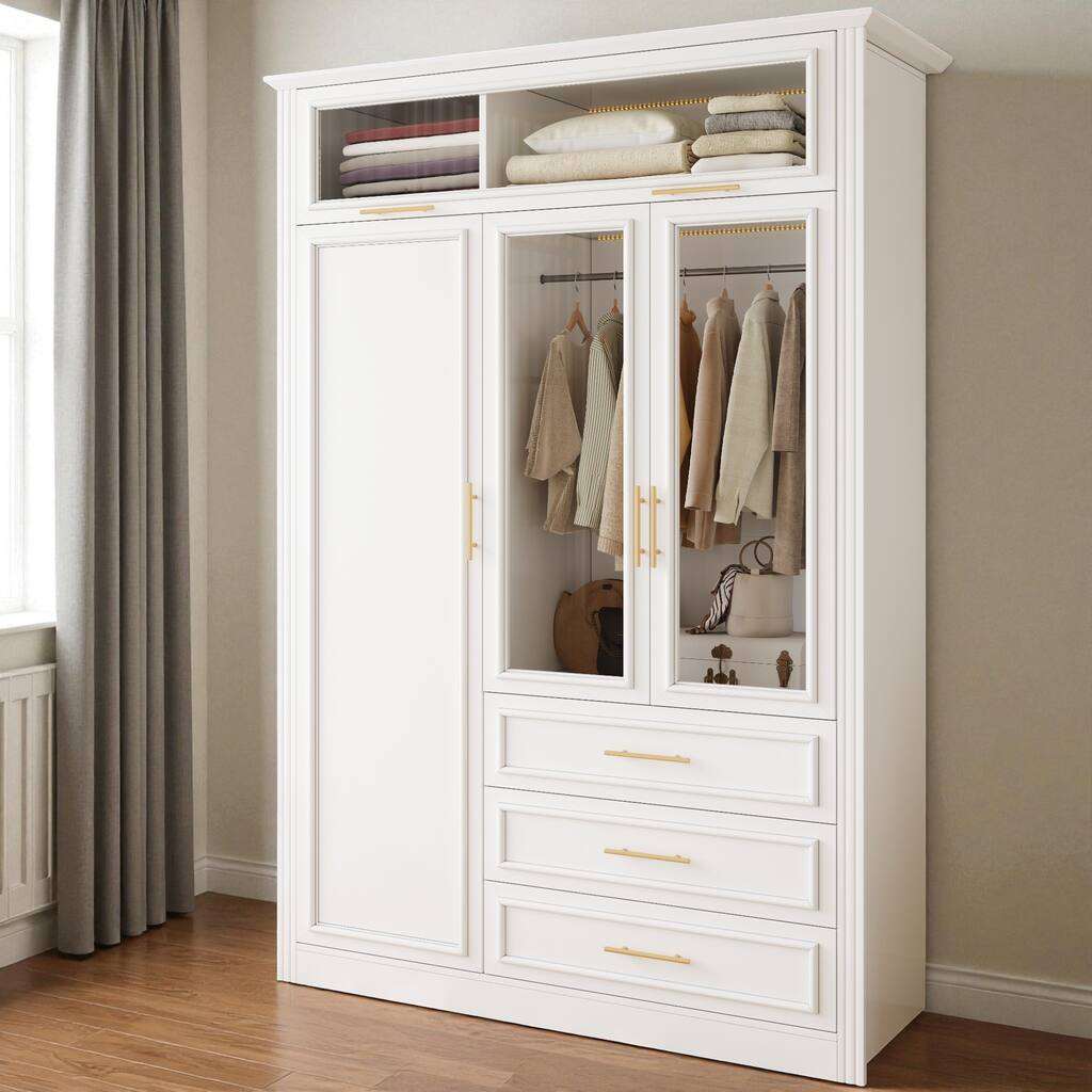 3-Door Wardrobe Armoire Closet with LED Lights and 3 Drawers Pine Wood MDF Clothing Storage Cabinet