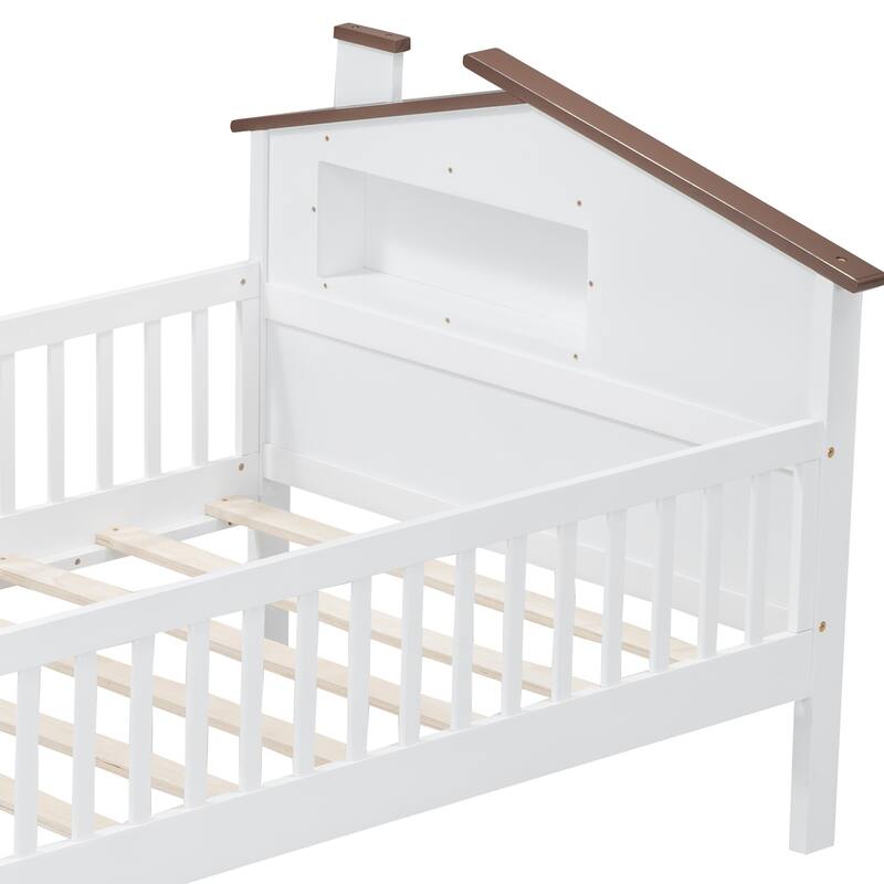 Twin Size Wood Platform Bed with House Headboard, LED & Storage - White