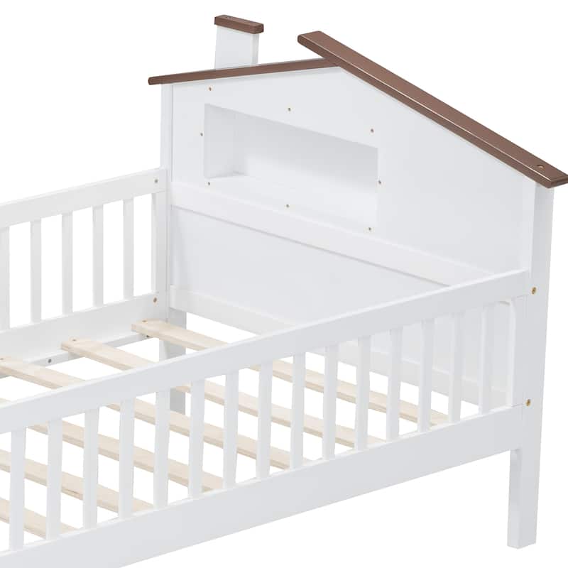 Wood Platform Bed with House-shaped Headboard, LED and Built-in Storage