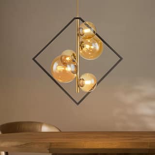 5-Light Black and Gold Modern Square Geometric Amber Glass Globe Bubble Chandelier for Dining Room