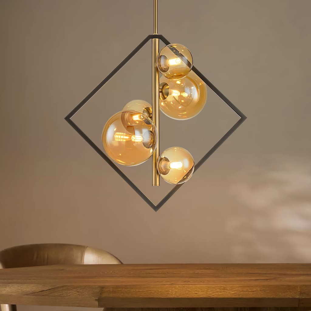 5-Light Black and Gold Modern Square Geometric Amber Glass Globe Bubble Chandelier for Dining Room