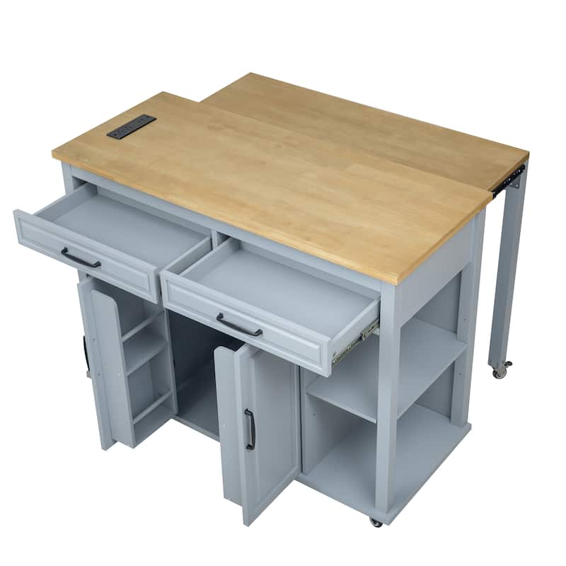 Kitchen Island with Extendable Dining Table,Rubber Wood Veneer Kitchen Table with Internal Storage Rack,Power Outlet - N/A