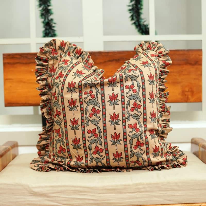 Fabdivine Viscose Linen Floral Frill Pillow Cover Both Side Print Hand Block Cushion