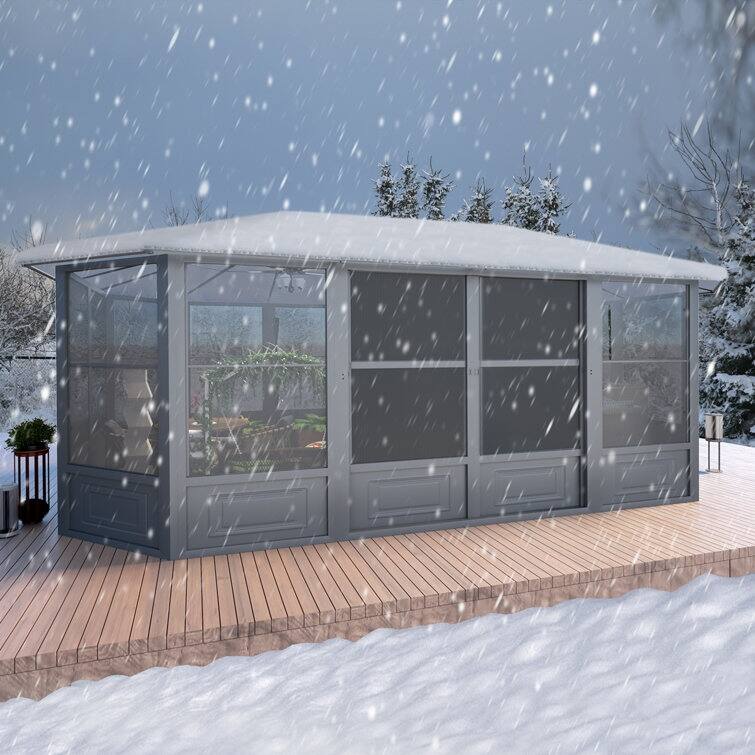 Erommy Outdoor Solarium Sunroom, Patio Hardtop Gazebo, Aluminum Frame Permanent Gazebo with Sliding Doors and Screens