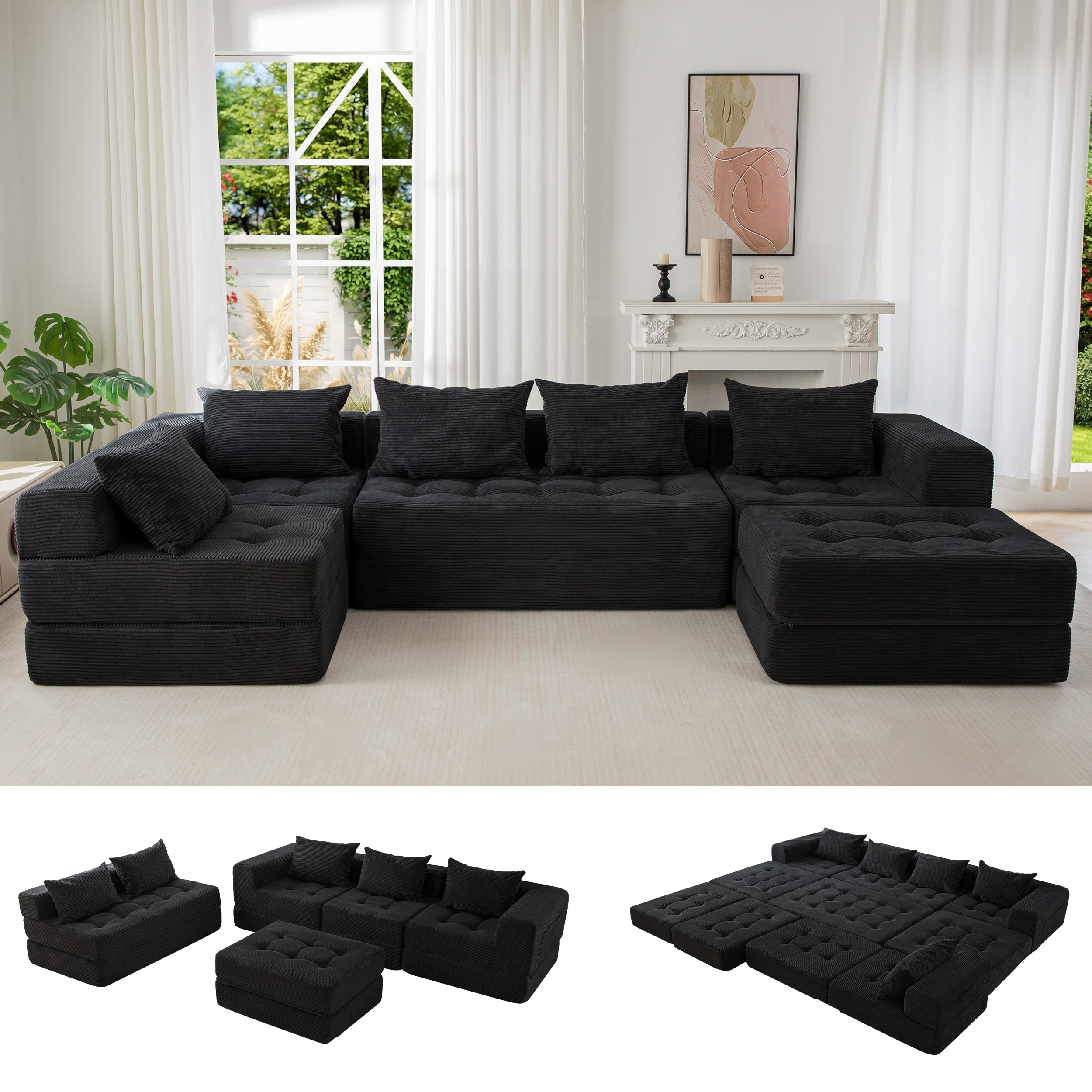 Modular Sectional Sofa Couch Foldable U Shaped Cloud Couch with Pillows Tufted Boneless Sleeper Lounger Floor Sofa Bed