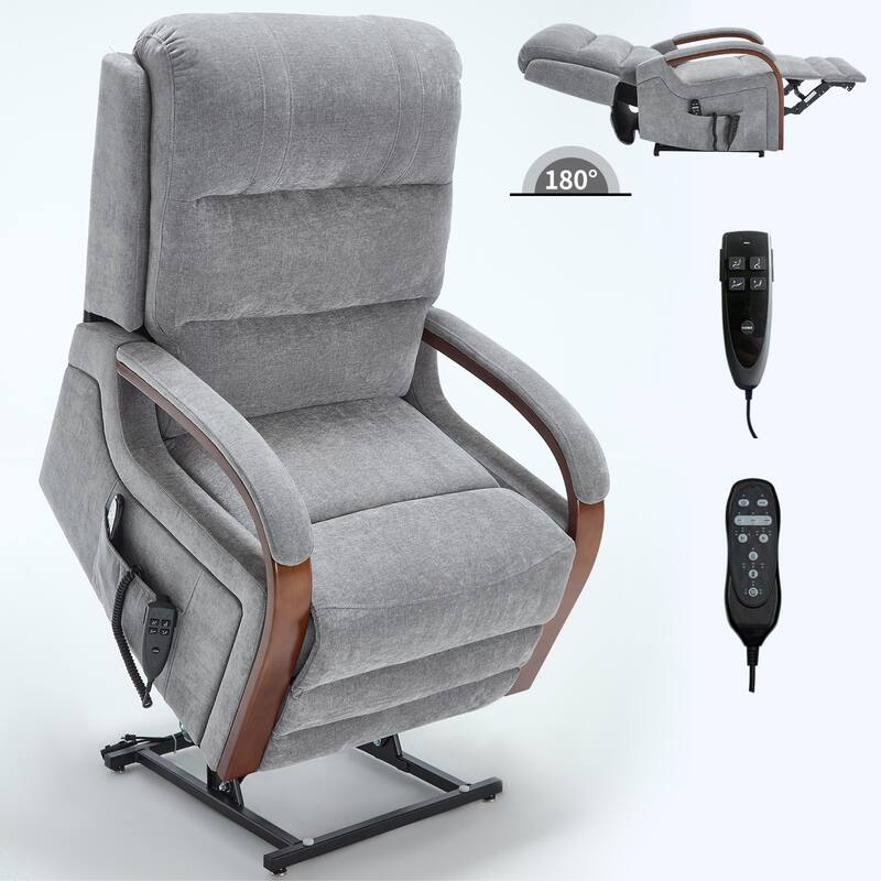 Roomfitters Dual Motor Power Lift Recliner, Infinite Position Massage Chair with Solid Wood Armrests, Chenille