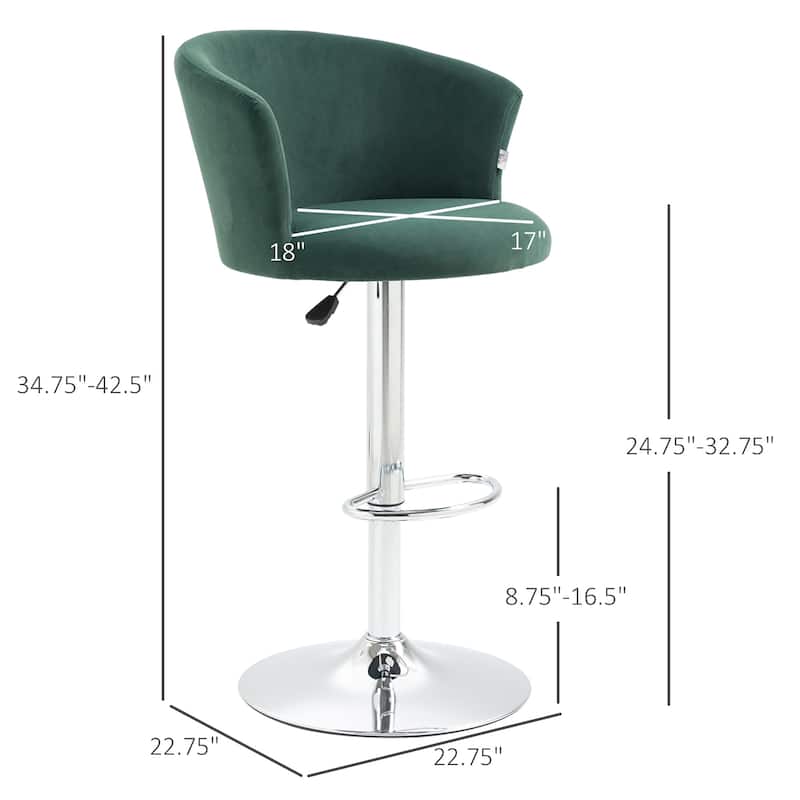 HOMCOM Adjustable Bar Stools Set of 2, Velvet Kitchen Stool, Upholstered Counter Height Barstool with Swivel Seat