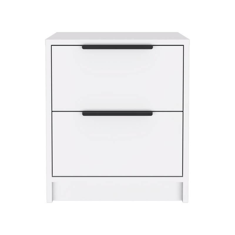 White Nightstand with Two Drawers and Metal Handle
