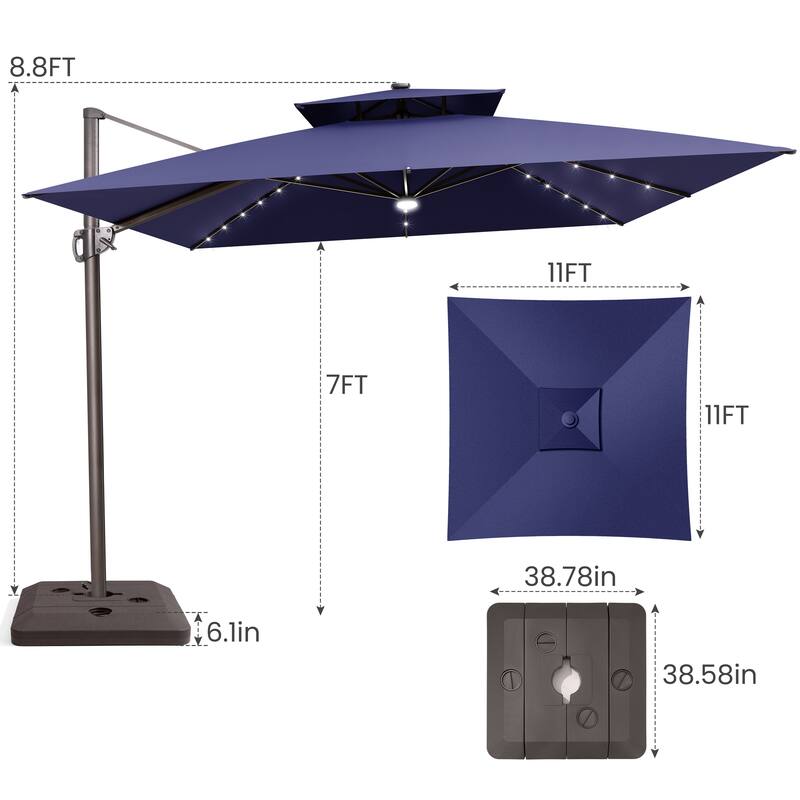 11 FT Aluminum Solar-Powered LED Light Patio Cantilever Umbrella with Base
