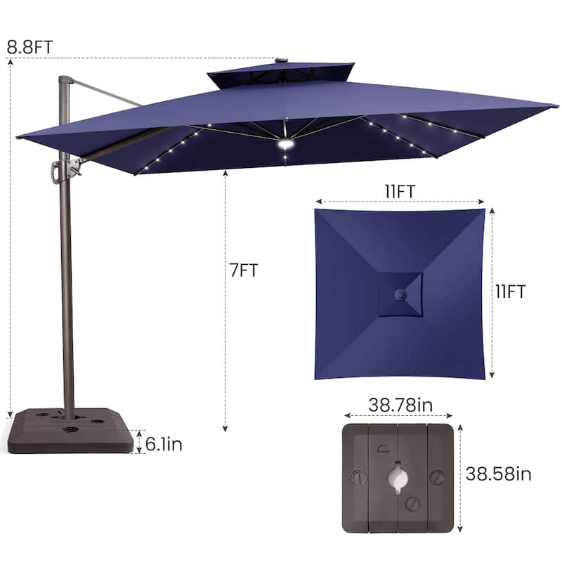 Outdoor Solar Powered LED Double Top Patio Cantilever Umbrella with Base Stand