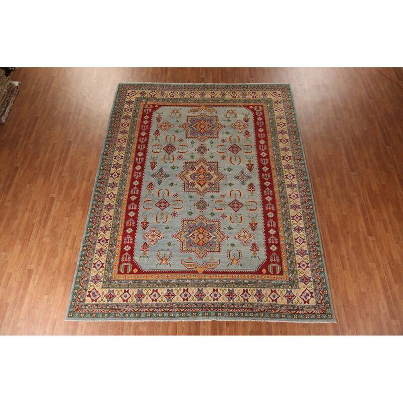 Geometric Blue Kazak Oriental Area Rug Handmade Wool Carpet - 9'11" x 12'8"