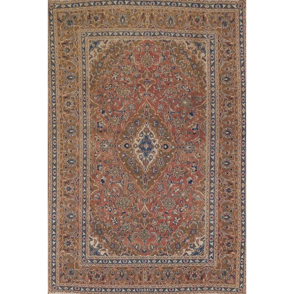Orange Traditional Mashad Persian Vintage Rug Handmade Wool Carpet - 6'3"x 9'0"