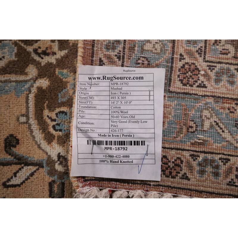 Traditional Mashad Vintage Persian Large Rug Handmade Pink Wool Carpet - 10'0" x 16'2"