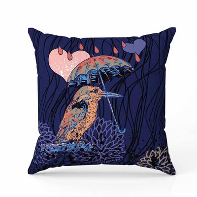 Bird with Umbrella Faux Suede Reversible Throw Pillow Blue and Orange